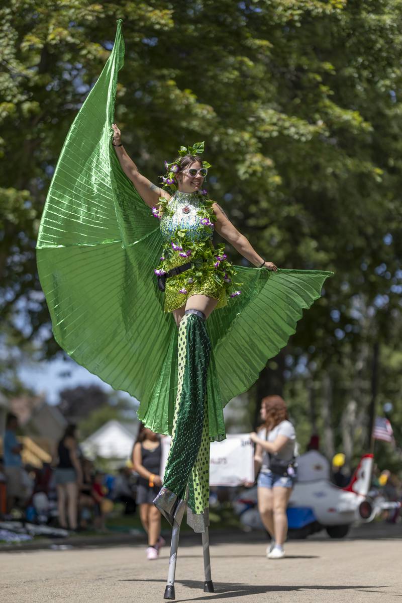 A parade performer on stilts waves to kids sitting along the parade route during the Mendota Sweet Corn Festival parade on August 11, 2024.
