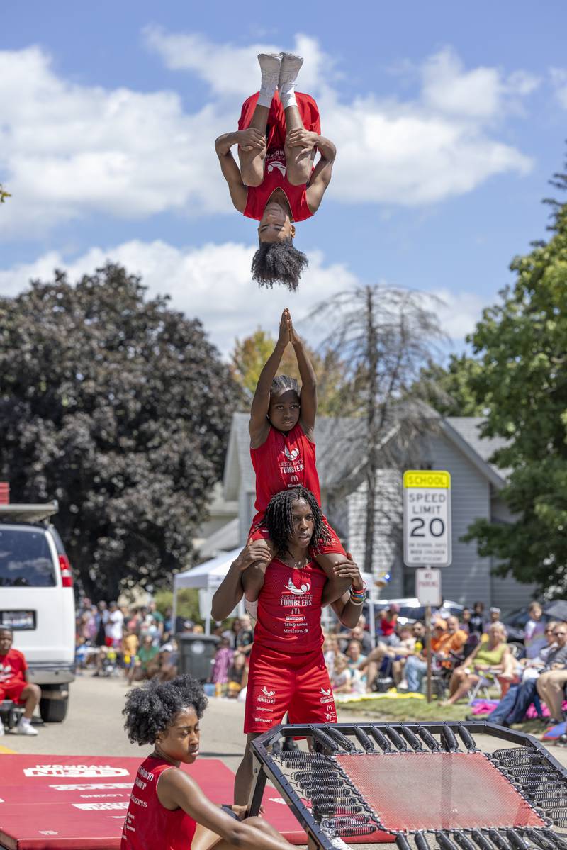 The high flying acrobatics of the Jesse White Tumblers was on display along the entire Mendota Sweet Corn Festival parade on August 11, 2024.