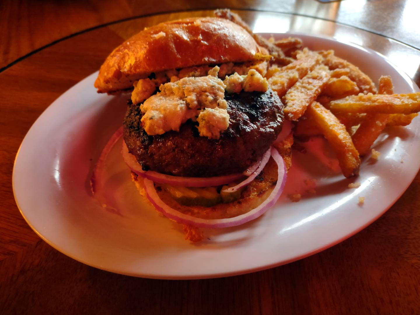 Tully Monster Pub & Grill's Rockin’ Rocky is a blackened Cajun-style burger with melted bleu cheese on a garlic-toasted bun. All burgers come with a side of fries that can be upgraded to garlic parmesan fries, a soup or a salad.
