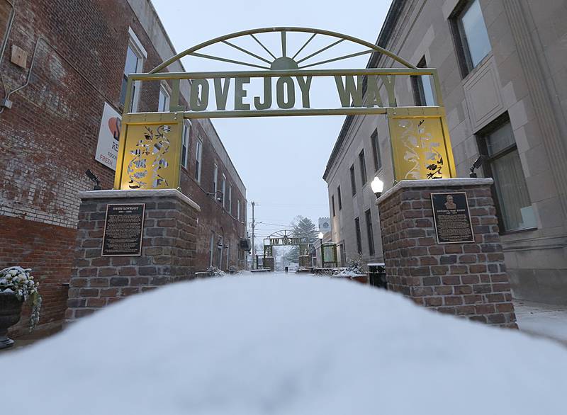 Snow piles in front of the new Lovejoy Way monument at sunrise on Tuesday, Nov. 15, 2022 in Princeton.