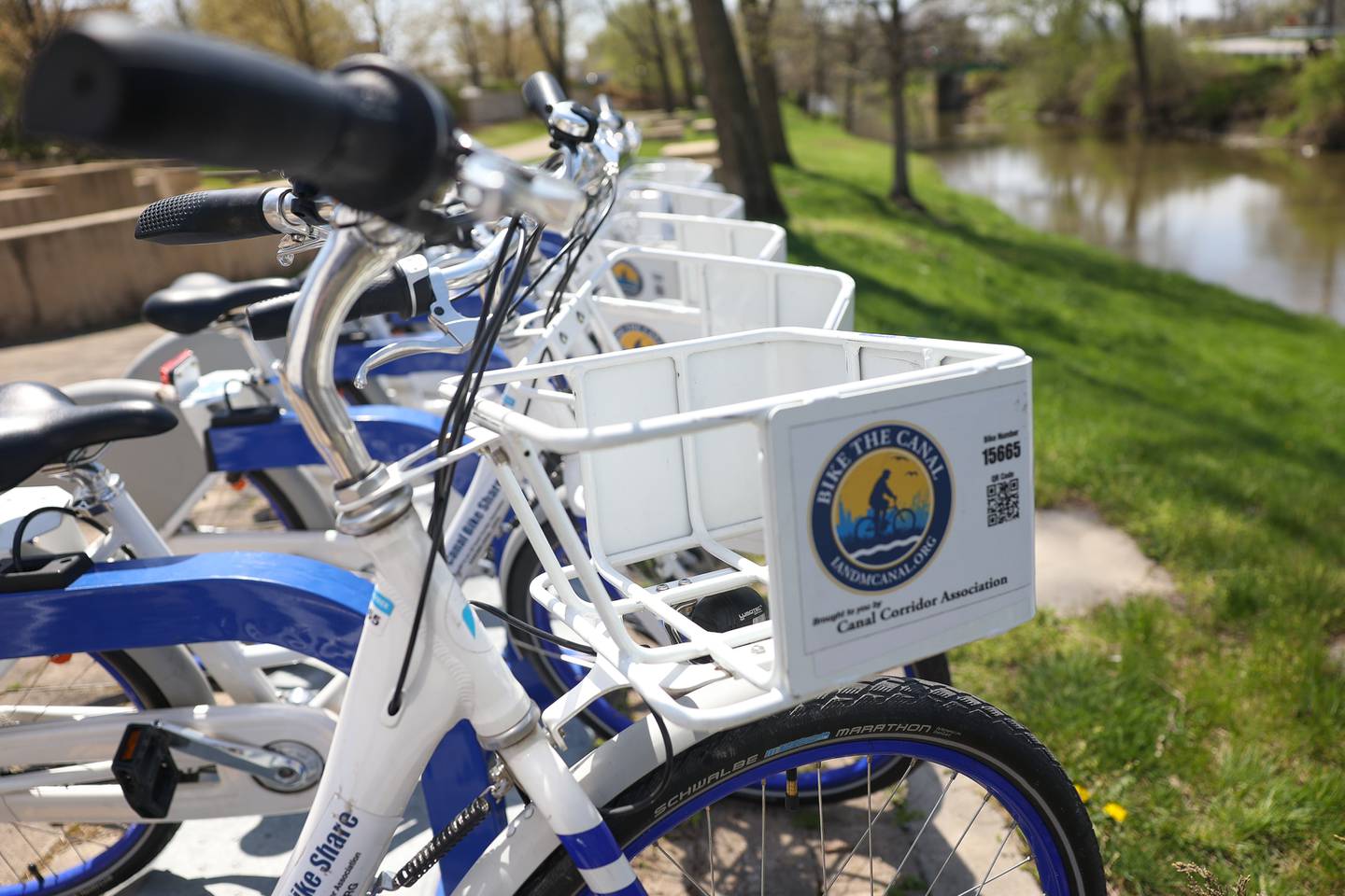 Rental bikes sit along the canal at Lockport’s Lincoln Landing on Wednesday, April 19, 2023 in Lockport.