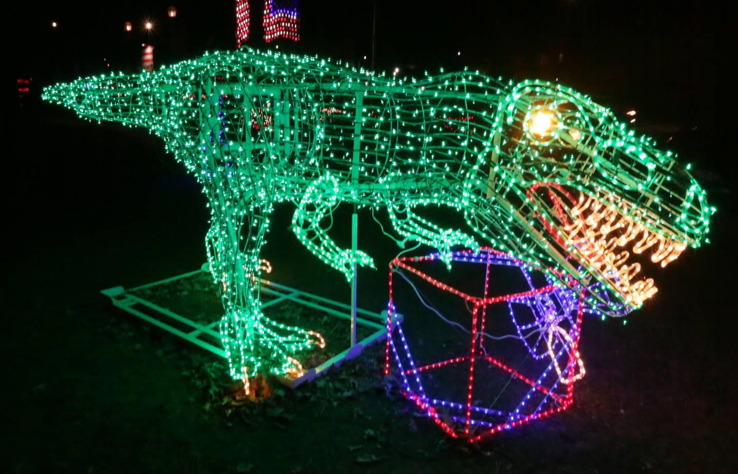 A large illuminated dinosaur greets visitors to the Streator City Park. It is one example of the business-sponsored displays that now line the City Park and give the Light up Streator display more character.