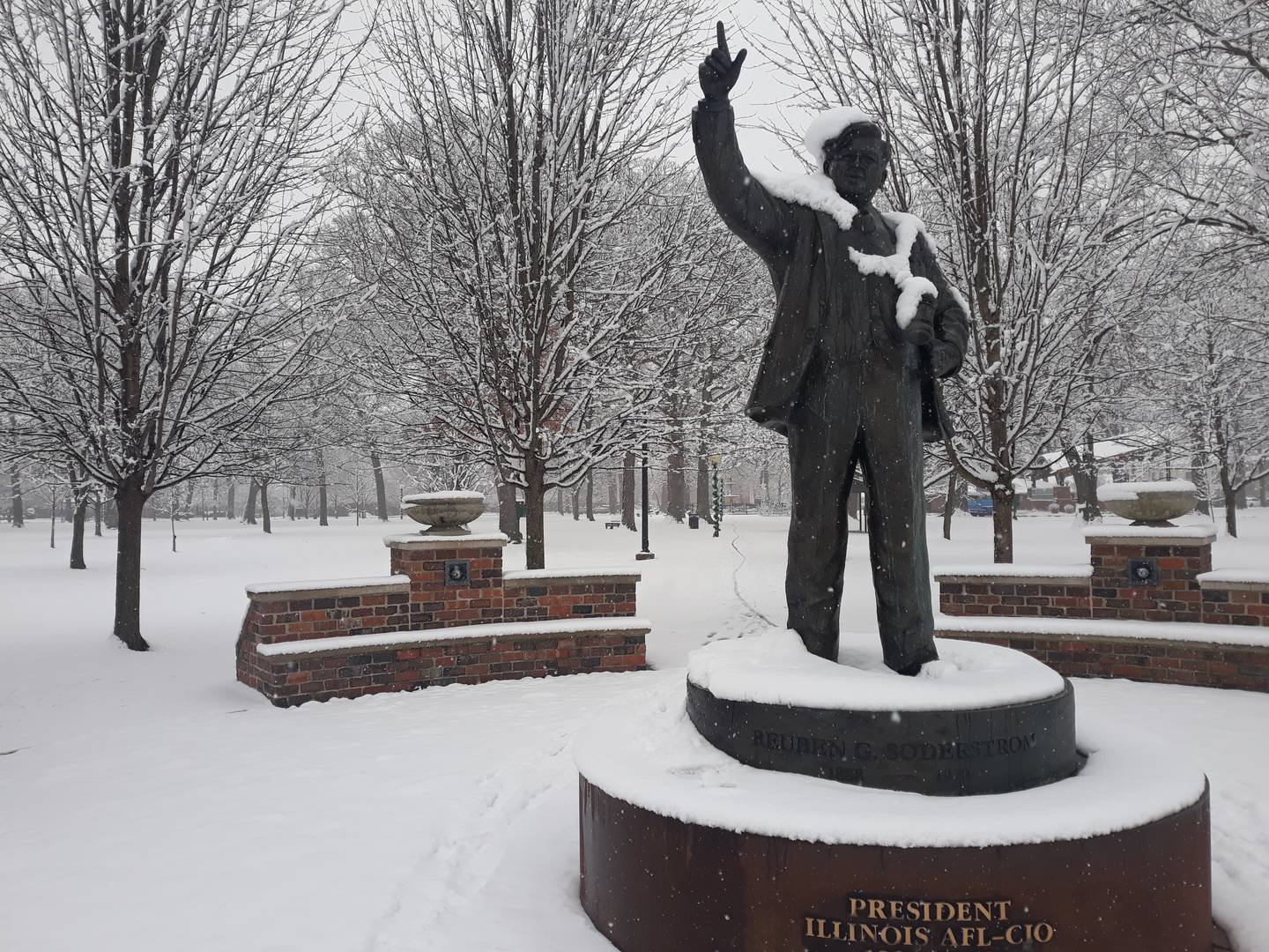 The Rueben Soderstrom statue in Streator's City Park is covered in snow Wednesday, Jan. 25, 2023.